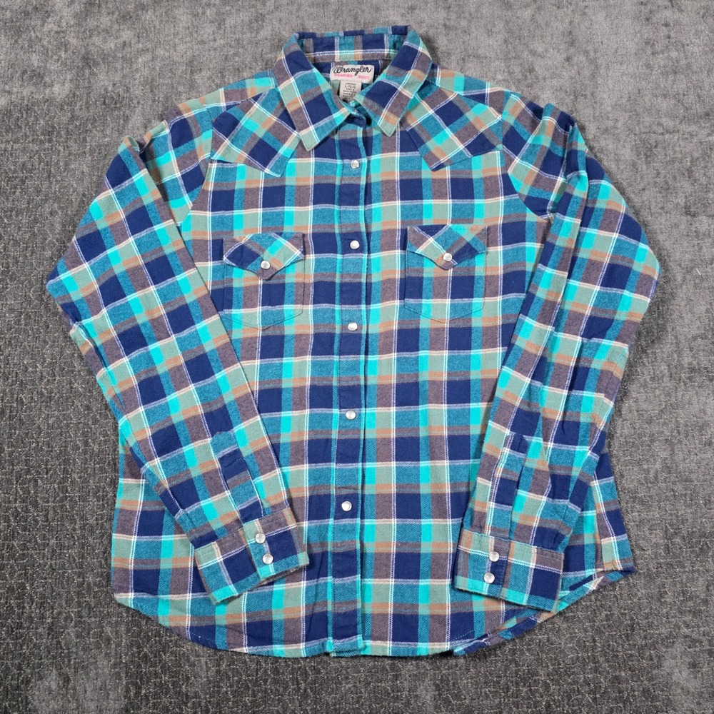 Wrangler Wrancher Western Plaid Snap Shirt Blue Teal Brown LWR7449 Womens Large